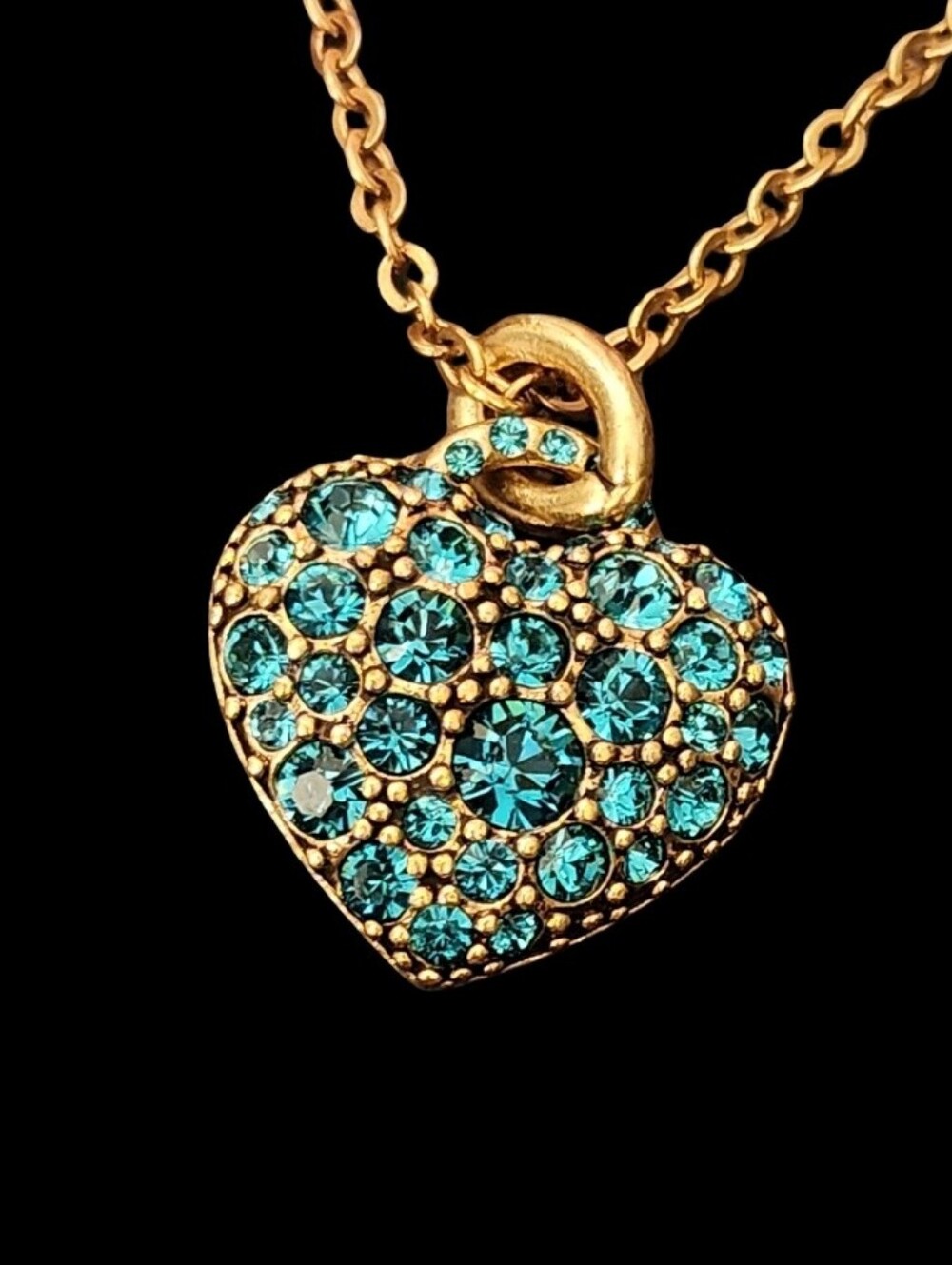 Antique Gold Heart Pendant Necklace With Blue Crystal Accents